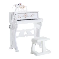 HOMCOM Piano Electrónico Infantil de 37 Teclas Juego de Piano con Modelo Pedagógico Micrófono Taburete Luces y 22 Canciones USB/MP3/Bluetooth Karaoke 53,5x27x63 cm Blanco(m-10)