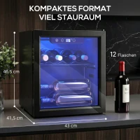 HOMCOM Weinkühler für 12 Flaschen, 36 L Kapazität, 4–16°C, Unterbau Kühlschrank für Getränke und Bier, mit Glastür, LED-Licht(m-3)