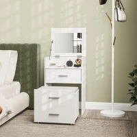 HOMCOM Coiffeuse avec miroir relevable et tabouret à roulettes, table de maquillage avec 2 tiroirs, coussin amovible, blanc(m-10)