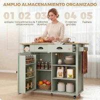 HOMCOM Isla de Cocina con Ruedas Tapa Abatible Especiero Estantes en la Puerta Armario 2 Cajones 117,5x70x91 cm Verde Claro(m-5)