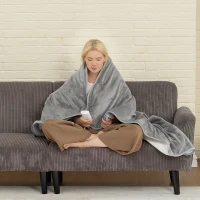 HOMCOM Electric Heated Blanket Throw 140 x 160cm with Dual Controllers, Machine Washable Heated Throw Blanket with Ultra Soft Flannel Fabric, 5 Heating Levels, 10 Hour Timer, Grey(m-2)