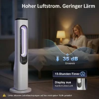 HOMCOM Rotorloser Turmventilator für Schlafzimmer, 35 dB leiser Standventilator mit 50° Oszillation, LED-Leuchten, 3 Geschwindigkeiten, 15-Stunden-Timer, Weiß(m-5)