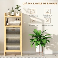 HOMCOM Dulap Baie cu Lamele, Coș de Rufe și Dulap, din Bambus și Poliester, 40x30x95 cm, Gri și Lemn Natural(m-6)