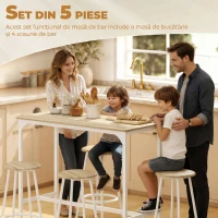 HOMCOM Set de Dining 5 Piese cu Bar 110 x 50 x 89,5 cm și Scaune Ø30 x 60,5 cm din Lemn și Metal Nuanță Lemn și Alb(m-4)