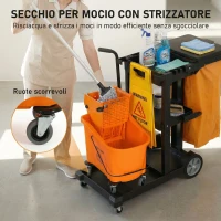 HOMCOM Carrello Pulizie: Ruote, 3 Ripiani, Sacco 70L, Secchio con Strizzatore.(m-6)