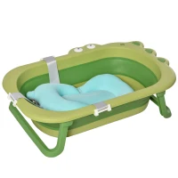 HOMCOM Bañera Plegable para Bebé Bañera Bebé 0-3 Años 50 Litros con Cojín Cómodo y Patas Plegables Carga 50 kg 80x53,9x20,8 cm Verde(m-11)