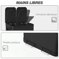 HOMCOM Poubelle de cuisine à double compartiment 2 x 30L avec pédale en acier inoxydable, couvercle à fermeture douce, noir(m-6)