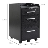 HOMCOM Cassettiera Portadocumenti in Legno a 3 Cassetti con Chiavi di Sicurezza e 5 Ruote, 39.2x40x65.4 cm, Nero(m-3)