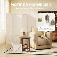 HOMCOM Paravent intérieur en bois 4 panneaux séparateur de pièce pliable panneau perforé 152 x 1,7 x 144,5 cm blanc(m-4)