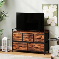HOMCOM Commode, meuble de rangement avec 5 tiroirs en tissu pliables, plateau et cadre en acier, 98 x 29 x 63 cm, brun rustique(m-10)