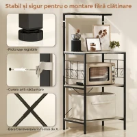 HOMCOM Raft Bucătărie 4 Nivele cu Panouri de Plasă și 8 Cârlige Stil Industrial, 60x42x134.5 cm, Stejar(m-6)