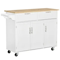 HOMCOM Carrinho de Cozinha com Rodas 2 Gavetas 3 Portas Prateleiras Ajustáveis e Barra para Sala de Jantar 121x46x91 cm Branco(m-1)