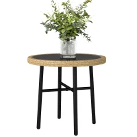 Outsunny Table Basse Ronde de Jardin, Table d'Appoint Exterieur en Résine Tressée et Plateau en Verre Trempé, 46x46x43cm, Naturel(m-12)
