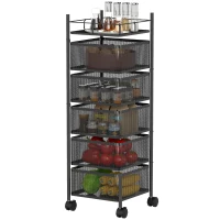 HOMCOM Küchenwagen, 5 drehbare Körbe, 4 Lenkrollen, Metallrahmen, Schwarz(m-12)