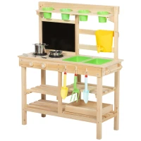AIYAPLAY Matschküche Kinder Outdoor, Spielküche aus Holz mit Spüle Herd Pflanztöpfen Tafel für 3-6 Jahre 77x32x95 cm Naturholz(m-1)