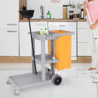 HOMCOM Carro de Limpieza con Bolsa 100L Profesional y Multifuncional para Colectividades Hotel Hostal con 3 Bandejas y 1 Plataforma 121x50,5x96,5 cm Gris y Amarillo(m-10)