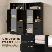 HOMCOM Meuble de salle de bain, meuble de rangement étroit avec 2 tiroirs, compartiments ouverts, 50x25x100cm, noir(m-5)