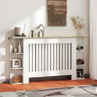 HOMCOM Cache-radiateur avec étagères de rangement ouvertes, couvercle de radiateur en bois à lattes, 152x19x83cm, blanc(m-2)