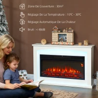 HOMCOM Cheminée électrique 1000W/2000W, fausse cheminée décorative, effet flamme à 5 luminosités réglables, 121x25x77cm, blanc(m-5)