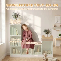 AIYAPLAY Bibliothèque Enfant, Meuble Rangement Enfant 3 en 1 avec Banc, 6 Compartiments, 2 Étagères, Coussin d'Assise, Blanc(m-4)