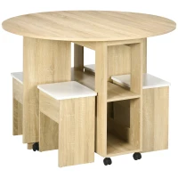HOMCOM Set Masă și Scaune 5 Piese din PAL, Masă Rotundă cu 2 Rafturi Deschise și 4 Taburete Moderne(m-11)