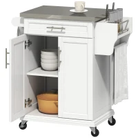 HOMCOM Wooden Kitchen Island on Wheels, Serving Cart Storage Trolley with Stainless Steel Top, Drawer, Side Handle and Rack, White(m-1)