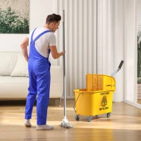 HOMCOM Mop Bucket with Wringer Set on Wheels for Floor Cleaning, 20 Litre Side Press Wringer with Handle and Mop, Yellow(m-10)