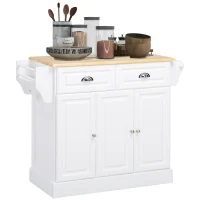 HOMCOM Kitchen Island with Storage Rolling Kitchen Serving Cart with Rubber Wood Top Towel Rack Storage Drawer Cabinet White(m-1)