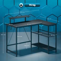 HOMCOM Bureau gaming réversible, bureau gaming d'angle, support pour écran, étagère en maille réglable, 114,5x82x91,5cm, noir(m-3)