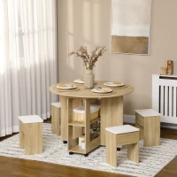 HOMCOM Set Masă și Scaune 5 Piese din PAL, Masă Rotundă cu 2 Rafturi Deschise și 4 Taburete Moderne(m-10)