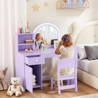 AIYAPLAY Kids Vanity Table and Chair Set, Kids Vanity Table with 2-Colour LED Mirror, Stool, Cabinet, Drawer, Shelves, Purple(m-2)