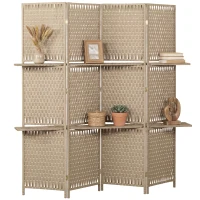 HOMCOM Séparateur de pièces 4 panneaux 2 étagères pliables naturel paille(m-11)