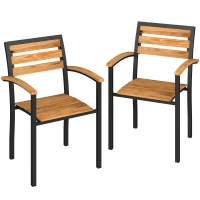 Outsunny Lot de 2 Chaises de Jardin Empilables en Acier, Accoudoir Assise et Dossier en Bois Massif à Lattes, 56x59x84cm, Naturel(m-11)