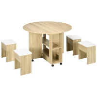 HOMCOM Set Masă și Scaune 5 Piese din PAL, Masă Rotundă cu 2 Rafturi Deschise și 4 Taburete Moderne(m-1)