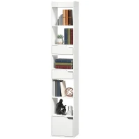 HOMCOM Bibliothèque étagère de rangement étroite, 32x24x181,5cm avec porte 2 tiroirs compartiments ouverts, blanc(m-13)