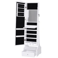 HOMCOM Espejo Joyero con Luces LED, Armario para Joyas, Armario Joyero con Espejo Entero de Ángulo Ajustable, Cajones, Mesa Interior Plegable, Cerradura, Luces Apagado Automático, Blanco y Forro Negro(m-11)