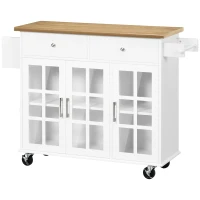 HOMCOM Carro de Cocina con Ruedas Isla de Cocina con 2 Cajones 3 Puertas de Vidrio Templado Toallero 124,5x39,5x90 cm Blanco(m-12)