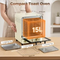 HOMCOM Mini Oven, 15 Litres Electric Oven and Grill with 60-230℃ Adjustable Temperature, 60 Minute Timer, Include Baking Tray, Wire Rack and Crumb Tray, 1000W, Cream White(m-3)