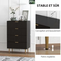 HOMCOM Commode 4 tiroirs commode chambre meuble de rangement moderne avec poignées et pieds dorés, dim. 60 x 40 x 96 cm, noir(m-6)