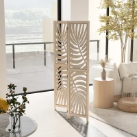 HOMCOM Paravent interieur en bois 3 panneaux 120 x 170 cm, pliable et portable, motif de feuille, design amovible, bois naturel(m-9)