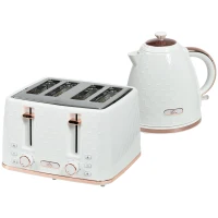 HOMCOM 1.7L 3000W Fast Boil Kettle & 4 Slice Toaster Set, Kettle and Toaster Set with 7 Browning Controls, Crumb Tray, White(m-1)