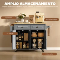 HOMCOM Isla de Cocina con Ruedas Mueble Auxiliar de Cocina con Especiero y Barra Lateral 111x44,5x82,5 cm Gris(m-6)