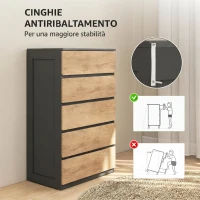 HOMCOM Cassettiera 5 Cassetti in Legno con Maniglie Scanalate, 60x39x100 cm, Nero e Rovere(m-6)