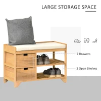 HOMCOM Wooden 2 Tier Shoe Storage Bench Rack Shelves Cushioned Seat  Entryway Hallway Organiser with 2 Drawers - Natural Wood Colour(m-4)