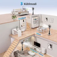 HOMCOM Ventilator mit Sprühnebel-Funktion, 75 Grad drehbar, 3 Geschwindigkeiten, 3 Modi, 3-Liter-Wassertank, Schwarz+Weiß(m-4)