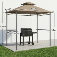 Outsunny Abri barbecue extérieur, tonnelle de jardin 245x146x255cm en métal, double toit, 2 étagères latérales, marron(m-3)