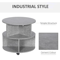 HOMCOM Round Coffee Table with Wheels, 3-Tier Rolling Side Table for Living Room with Divided Shelves, Cement Colour(m-5)