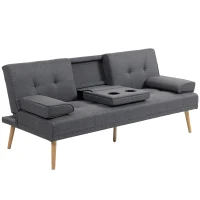 HOMCOM Canapé convertible 3 places, canapé-lit rembourré avec dossier réglable 3 niveaux, 2 coussins et 2 porte-gobelets intégrés, tissu de lin, pour salon, chambre d'amis, petit espace, gris foncé(m-11)