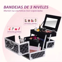 HOMCOM Maletín de Maquillaje Con Espejo Cerradura Varios Compartimientos 20x15x15cm Aluminio Negro(m-6)