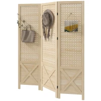 HOMCOM Paravent intérieur en bois 3 panneaux séparateur de pièce pliable panneau perforé 114 x 1,7 x 144,5 cm bois naturel(m-12)